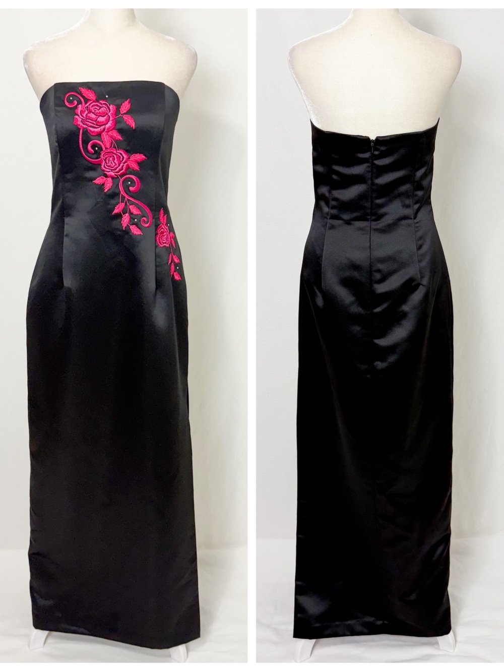 Vintage Jessica McClintock for Gunne Sax Black dress w/ Hot Pink Rose Embroidery